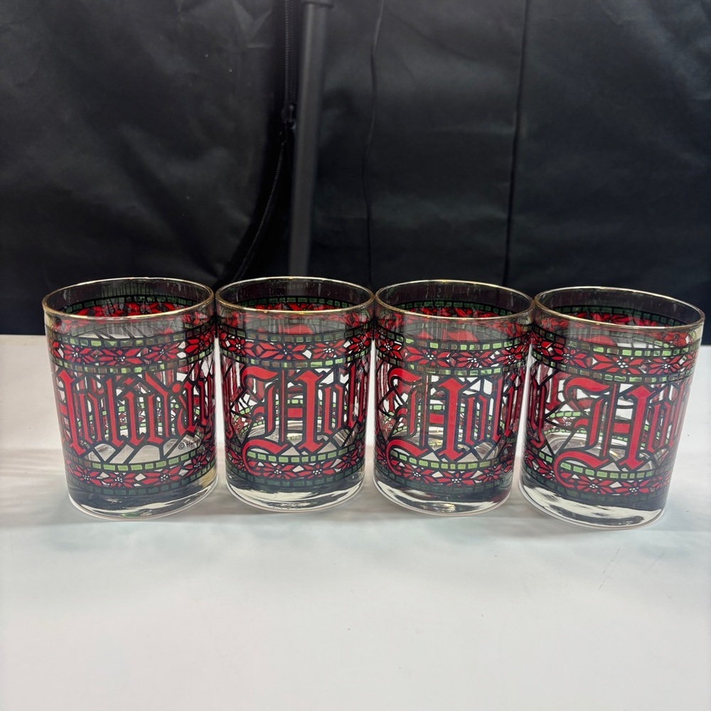 4 Vintage Houze Stained Glass Christmas Happy Holidays 4" Tumblers Glasses